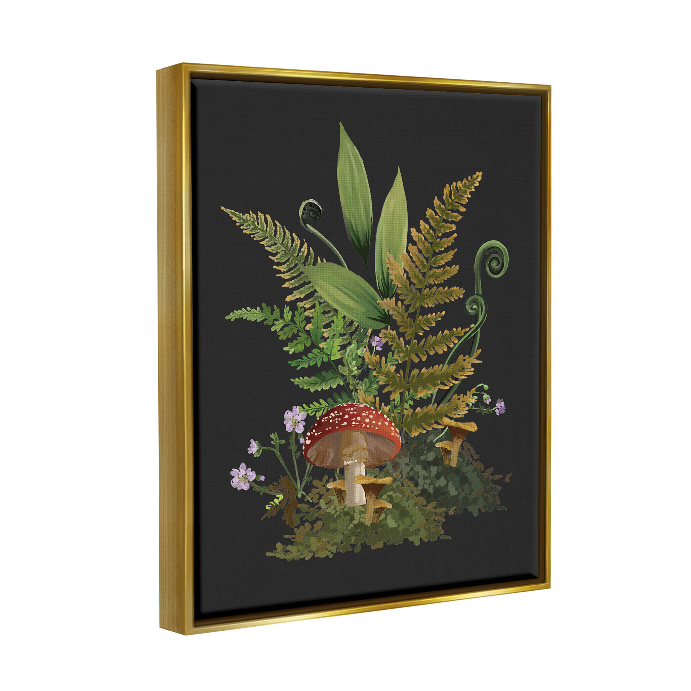 Ferns Sprouting Woodland Mushroom Plants Botanical & Floral Graphic Art Metallic Gold Framed Art Print Wall Art