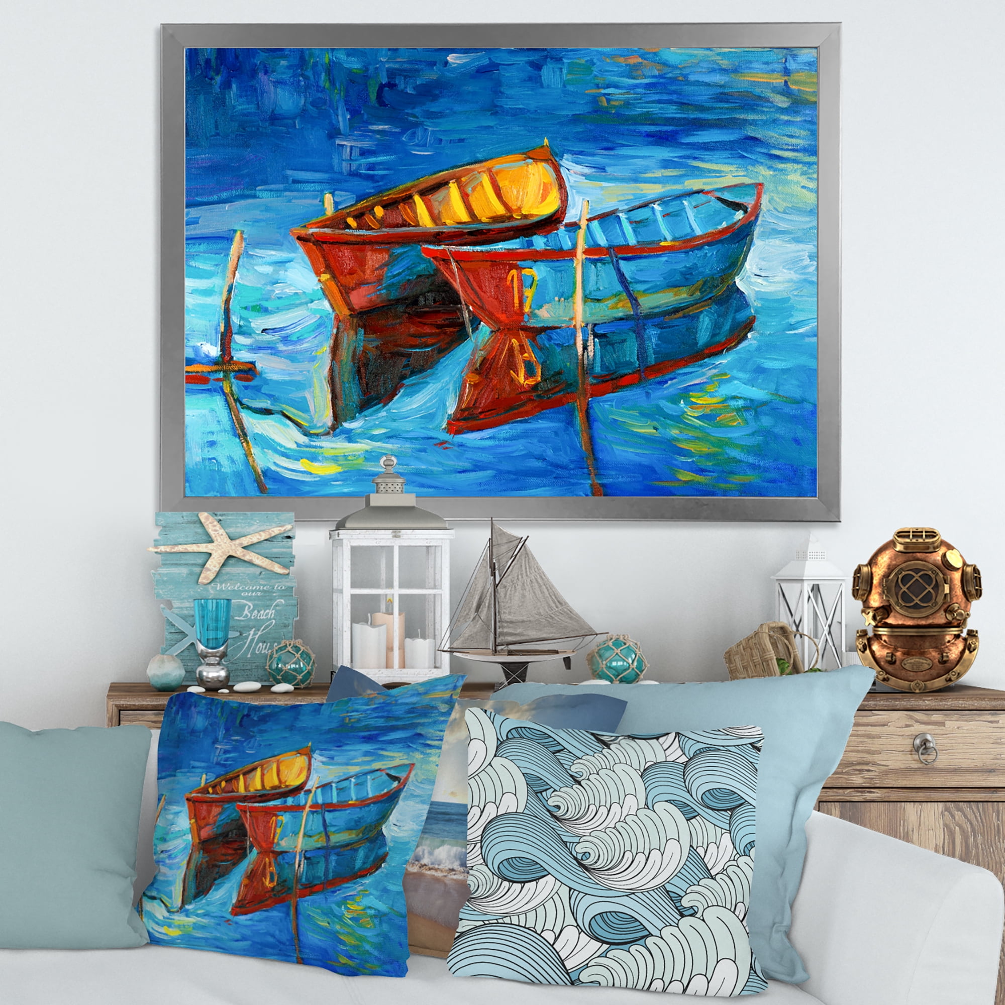 Boat At The Lake During Evening Glow III 40 in x 30 in Framed Painting Canvas Art Print, by Designart