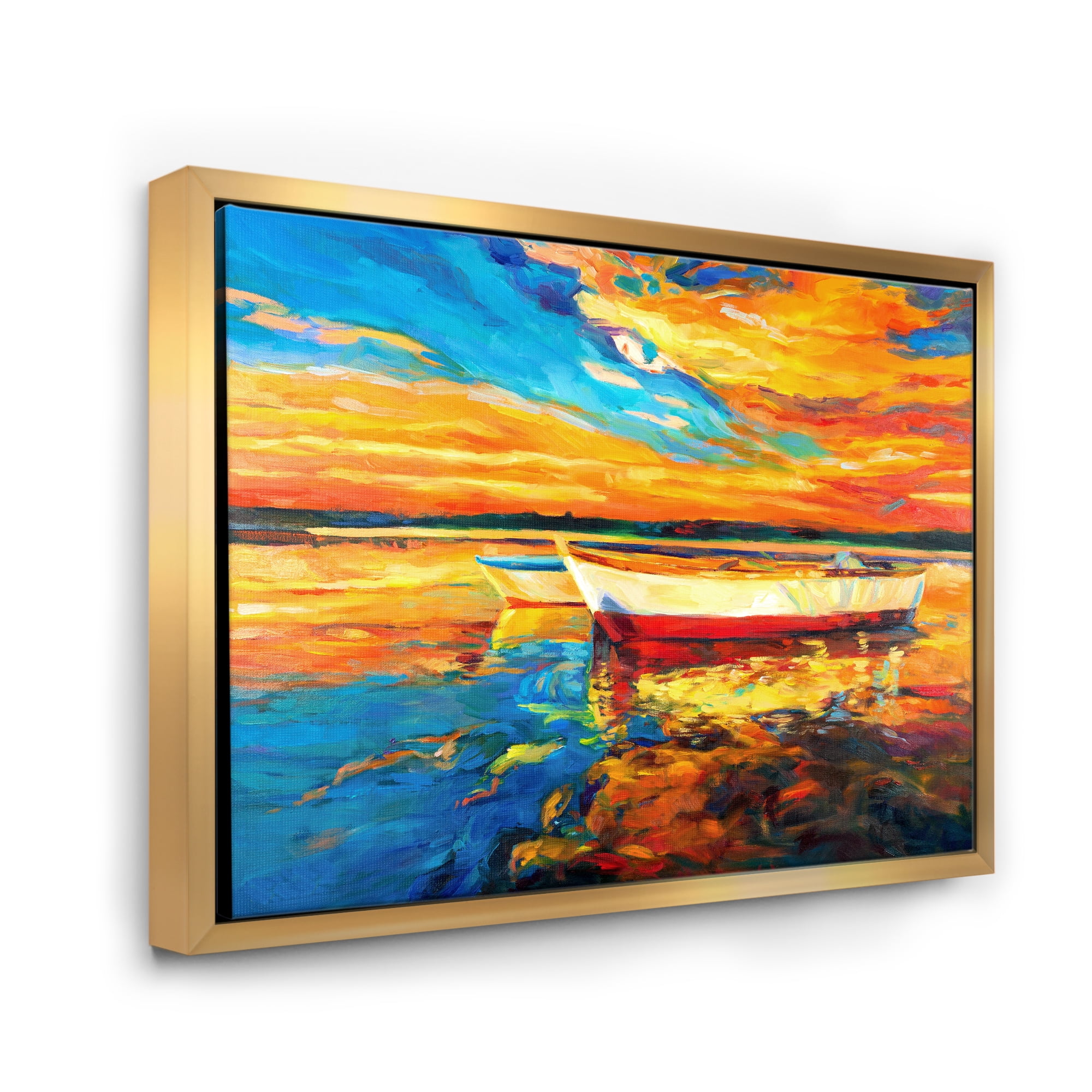 Red and White Boats By The Pier At A VIbrant Sunset 20 in x 12 in Framed Painting Canvas Art Print, by Designart