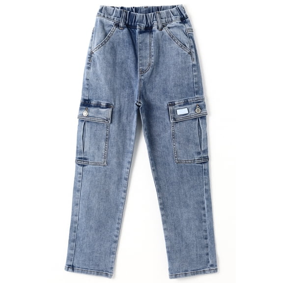 KIDSCOOL SPACE Boys Jeans,Little Big Girls Elastic Waist with D-ring Cargo Stretch Denim Pants,Light Blue,6-7 Years