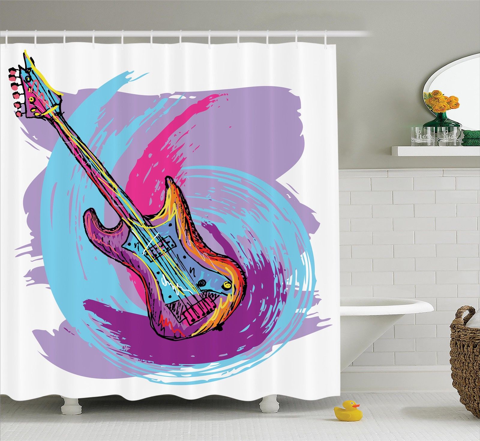 Music Decor Shower Curtain Set, Illustration Of Electric Guitar