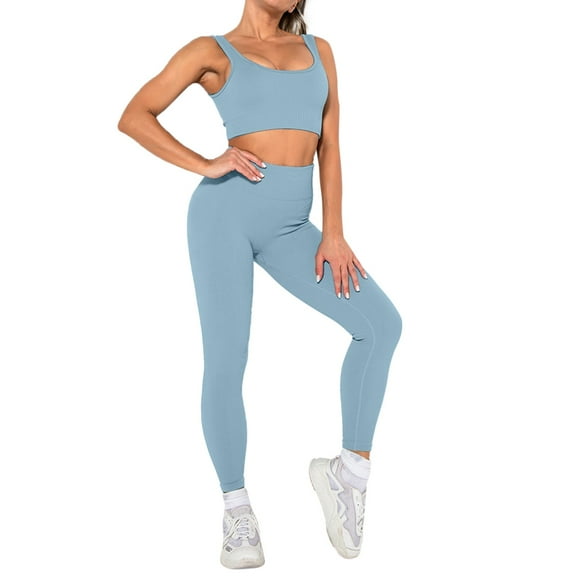 Rrunsv Two Piece Yoga Sets for Women Women's 2 Piece Workout Sets High Waisted Seamless Leggings with Padded Sports Bra Sets Blue,S