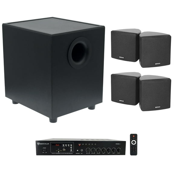 Rockville 70v Commercial Amplifier (4) Cube Speakers Sub For Restaurant/Bar/Cafe