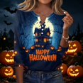thumbnail image 2 of Shirts for Women Halloween Funny 3/4 Sleeve Tops Spooky Castle Printed T Shirts Horror Button V Neck Pullover Holiday Three Quarter Length Blouses, S, 2 of 6