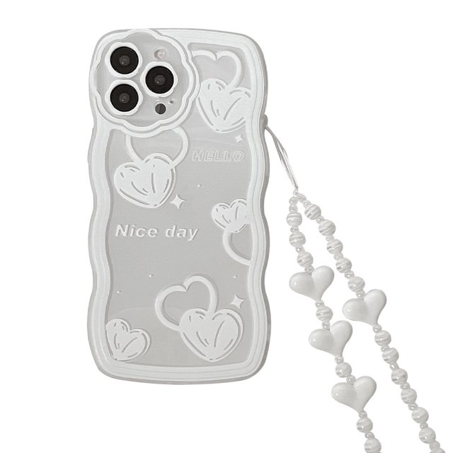 Funda linda para iPhone 13 Pro con forma de corazón blanca, marco ondulado rizado, dibujos animados kawaii transparente