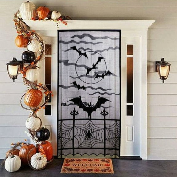 Vrorvz Halloween Decorations Outdoor and Indoor White Lace Curtain with Elegant Drape Style for Spooky Door and Window Decor 83.9x40.2in Black