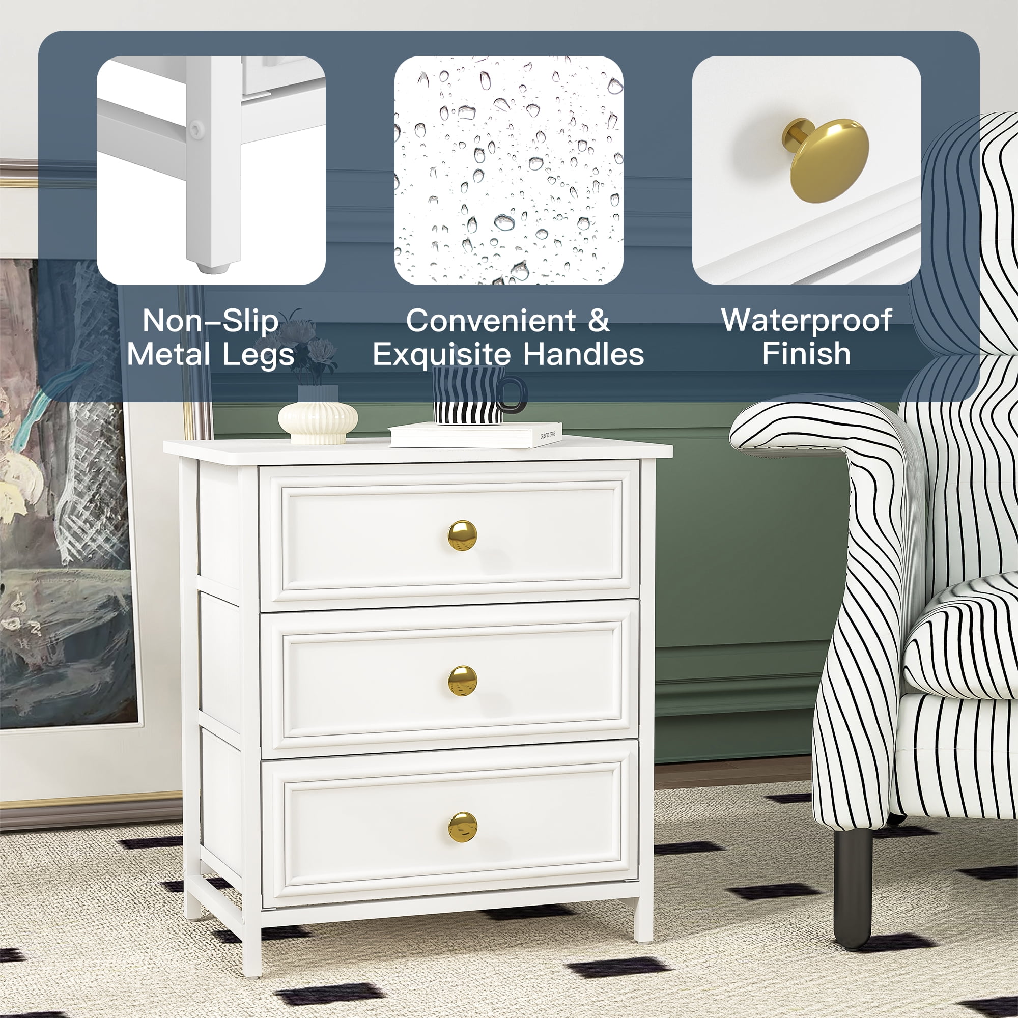 Demi Bonn Nightstand Set of 2, Bedside Table with 3 Decorated Drawers, Wood Accent Side End Table with Storage for Bedroom, Black, White