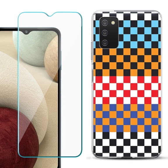 Slim-Fit TPU Fashion Phone Case for Samsung Galaxy A03s, with Tempered Glass Screen Protector, by OneToughShield ® - Colorful Checker