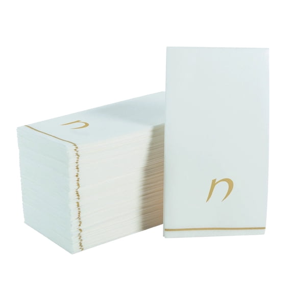 Fonteme Linen-Feel Guest Towels | 14 Gold Letter 'CHET' [ח] White Paper Dinner Napkins, Cursive Hebrew Font, air-laid Material [14PK]