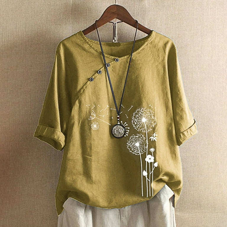 Tloowy Womens Cotton Linen Floral Shirts Dandelion Printed Tees Button Crewneck Short Sleeves Casual T-Shirt Blouse Tops, Women's, Size: Large, Yellow