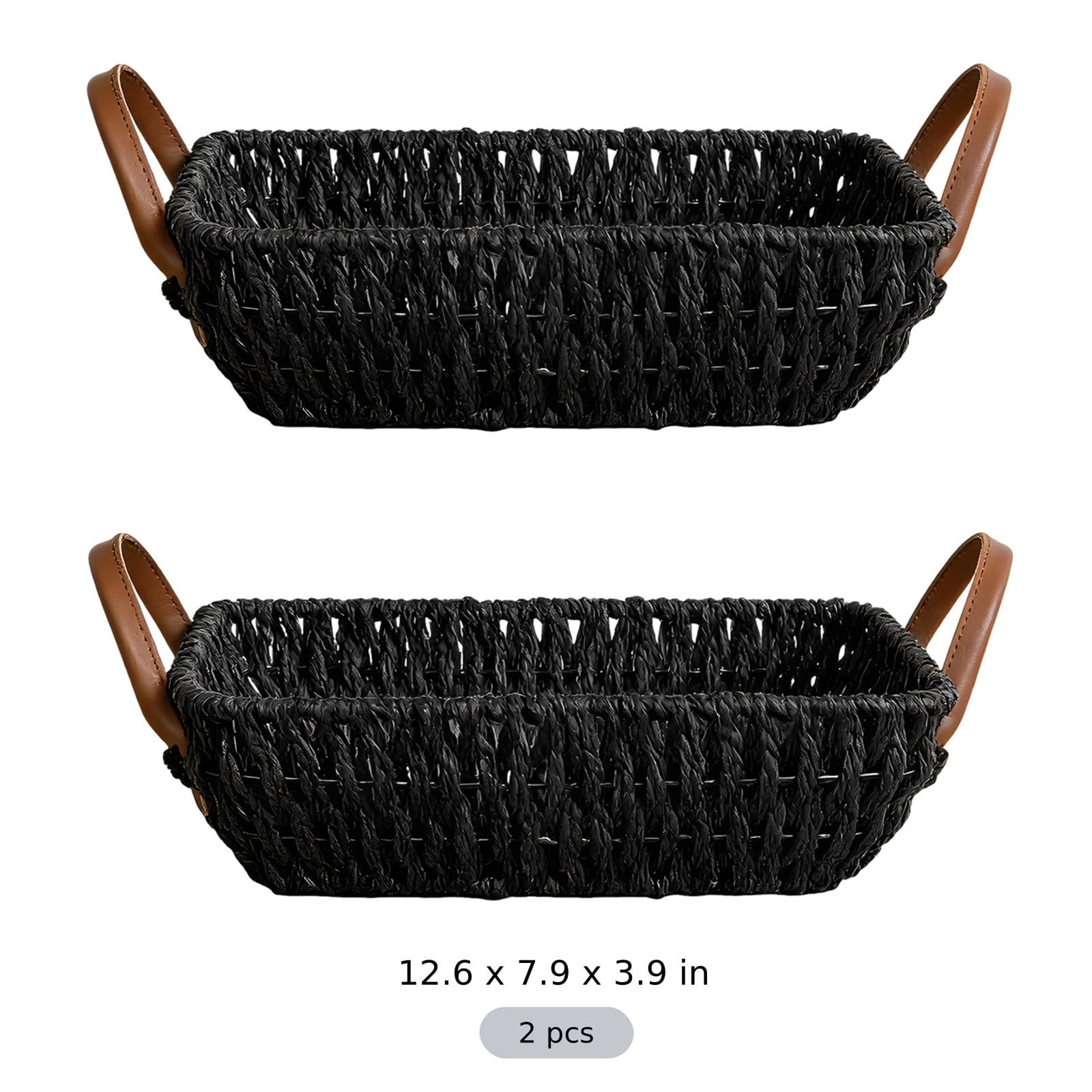 Wicker Storage Basket, Black Paper Rope Woven Bin with Leather Handles, 12.6 x 7.9 x 3.9 in, Decorative Organizer Baskets with Handles for Shelf, Table, Coffee Table