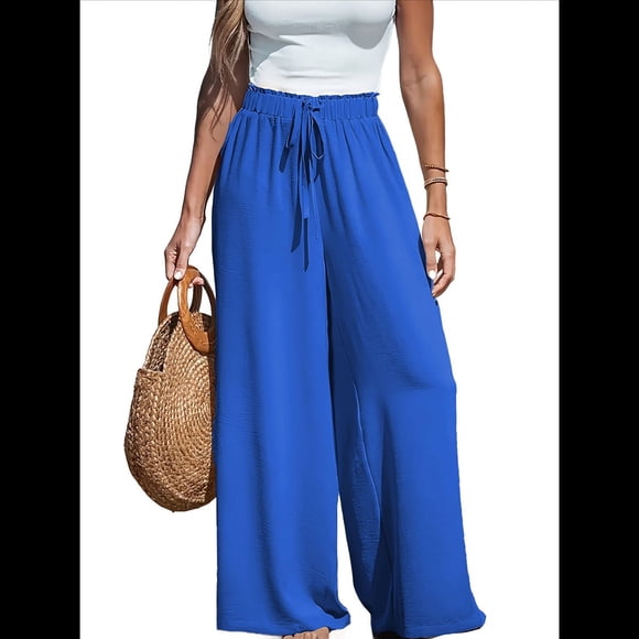Women Wide Leg Pants High Waisted Trousers Linen Lounge Beach Cover Ups Flowy Pants Blue M