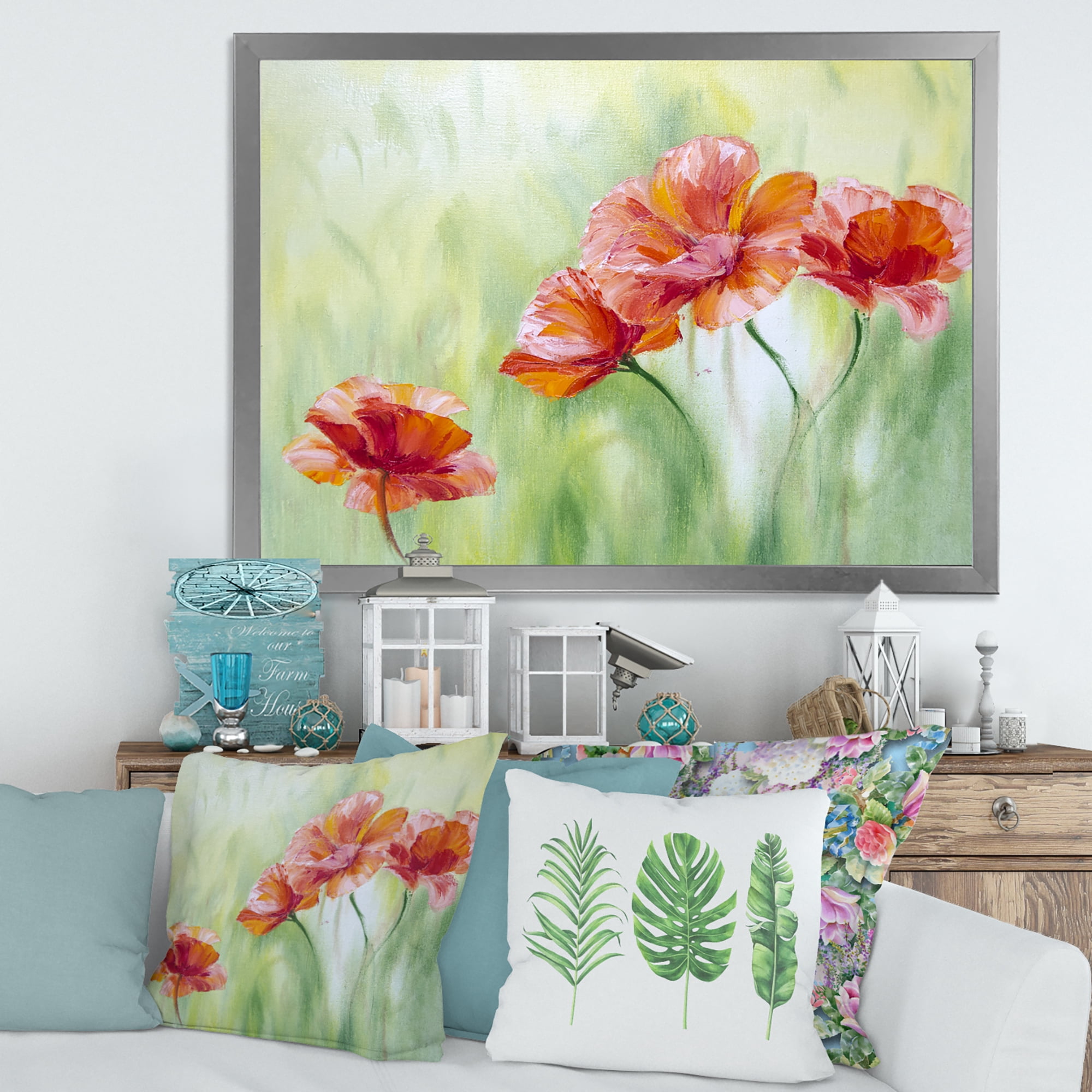 Designart 'Red Blossoming Poppies Over Wild Green I' Traditional Framed Art Print