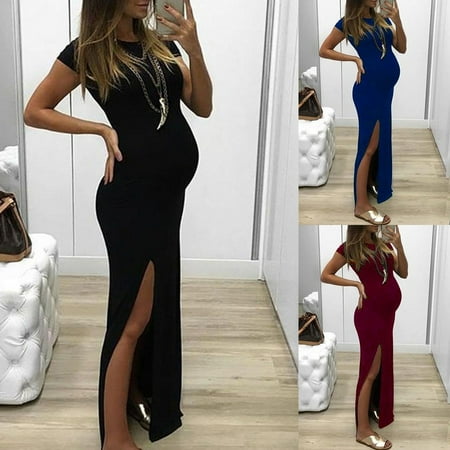 

Tejiojio Maternity/Labor/Nursing Clothing Clearance Fashion Women Solid Short Sleeve Bodycon Open Fork Pregnancy Maternity Dress