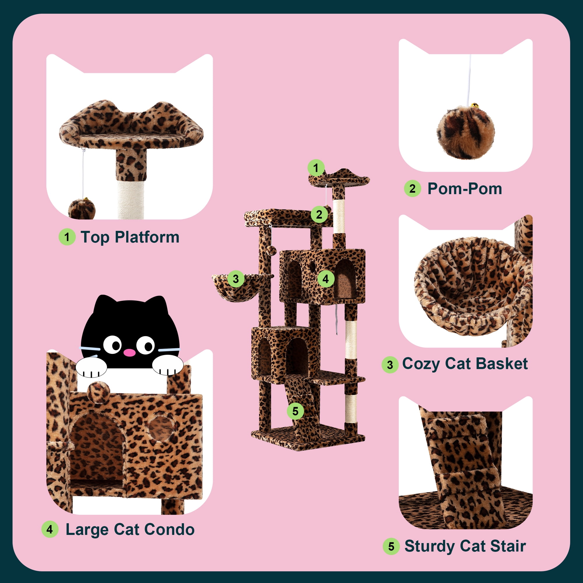 Amolife 64" Large Cat Tree and Tower with Stair, Condo House & Scratching Posts for Indoor Cats, Leopard Print
