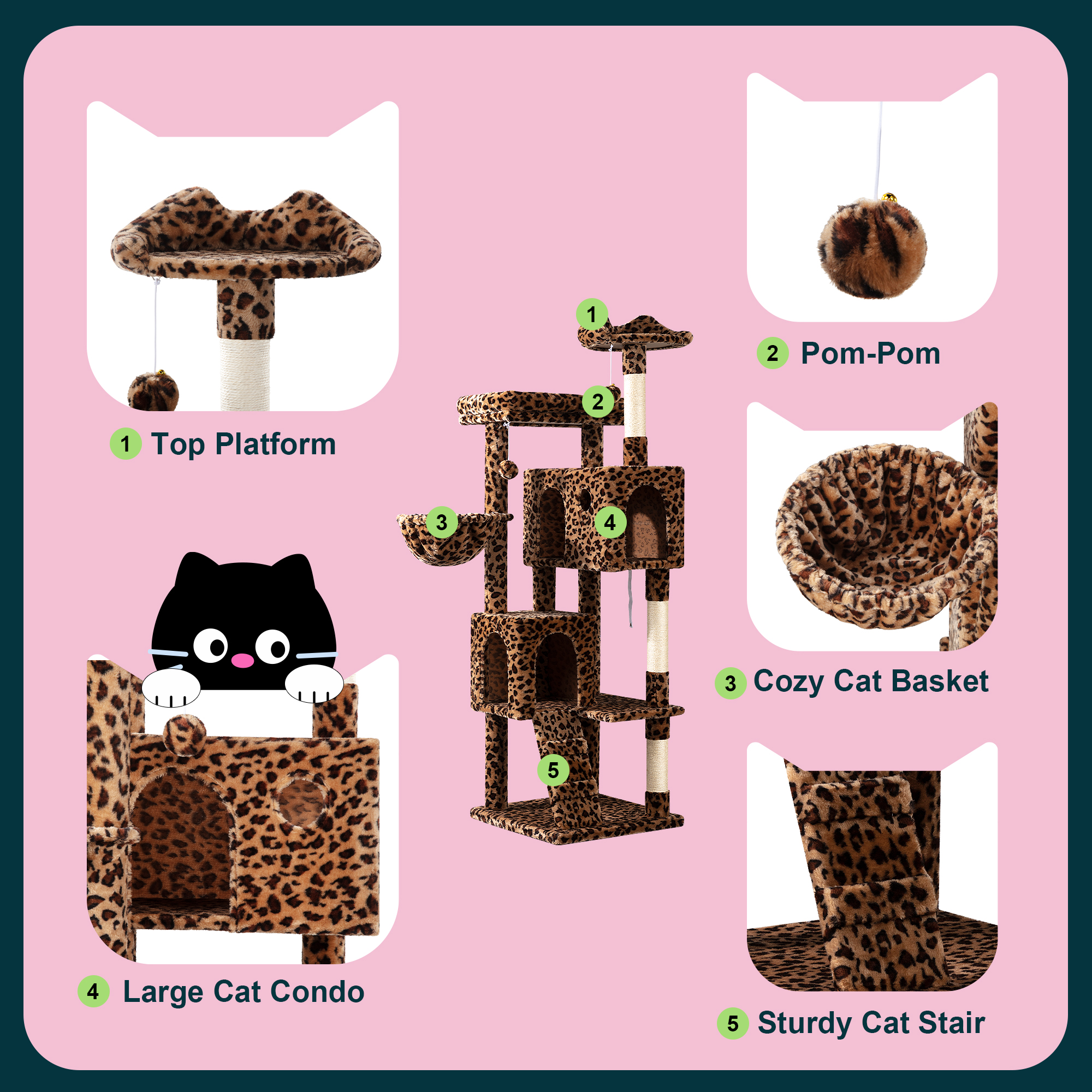 Amolife 64" Large Cat Tree with Stair and Condo, Leopard Print photo 7