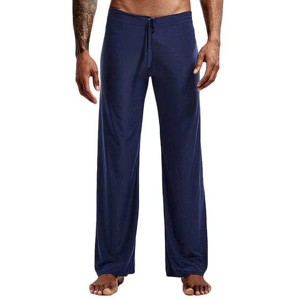 Pantalones de yoga largos para hombre, pantalones de pijama casuales de color liso, pantalones deportivos de cintura media con cordón, pantalones de poliéster para hombre
