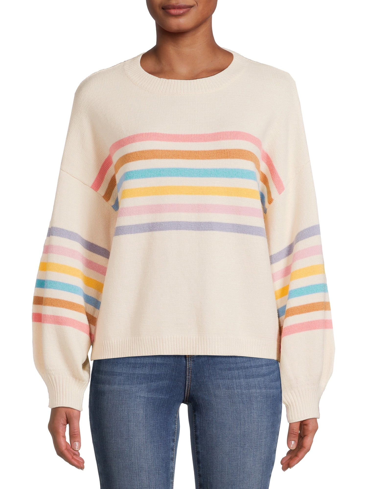 Dreamers by Debut Women's Rainbow Striped Sweater with Puff Sleeves ...