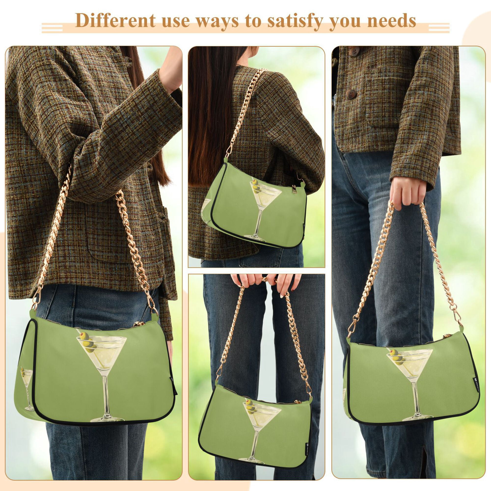 FORMRS Womens Shoulder Bag with Chain Strap Clutch Purse Cute Tote Handbag, Martini with Olive