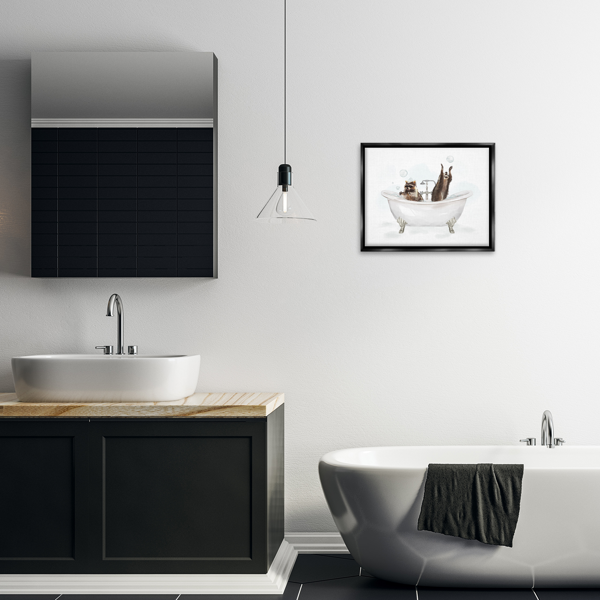 Stupell Industries Raccoons Catching Bubbles Typography Painting Black Floater Framed Canvas Art Print Wall Art, 21 x 17