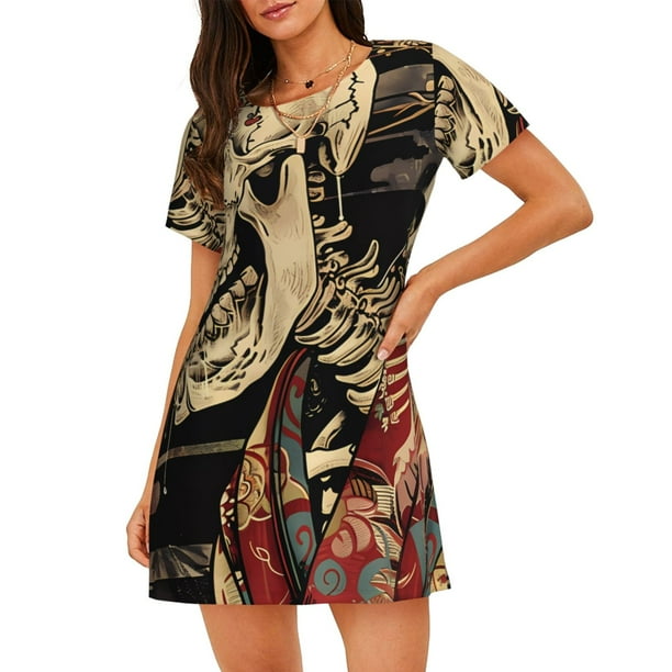 Easygdp Gothic Eastern Floral Skull Camisón de manga corta para mujer, informal, estampado