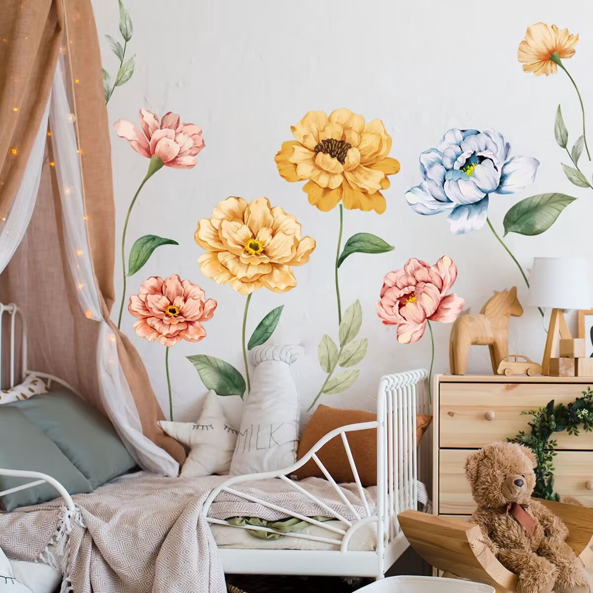 Large Peony Flowers Wall Decals Colorful Peony Blossom Wall Stickers Self-Adhesive Floral Vinly Wall Art Decor for Girls, Women Living Room Bedroom Bathroom Yoga TV Sofa Backdrop