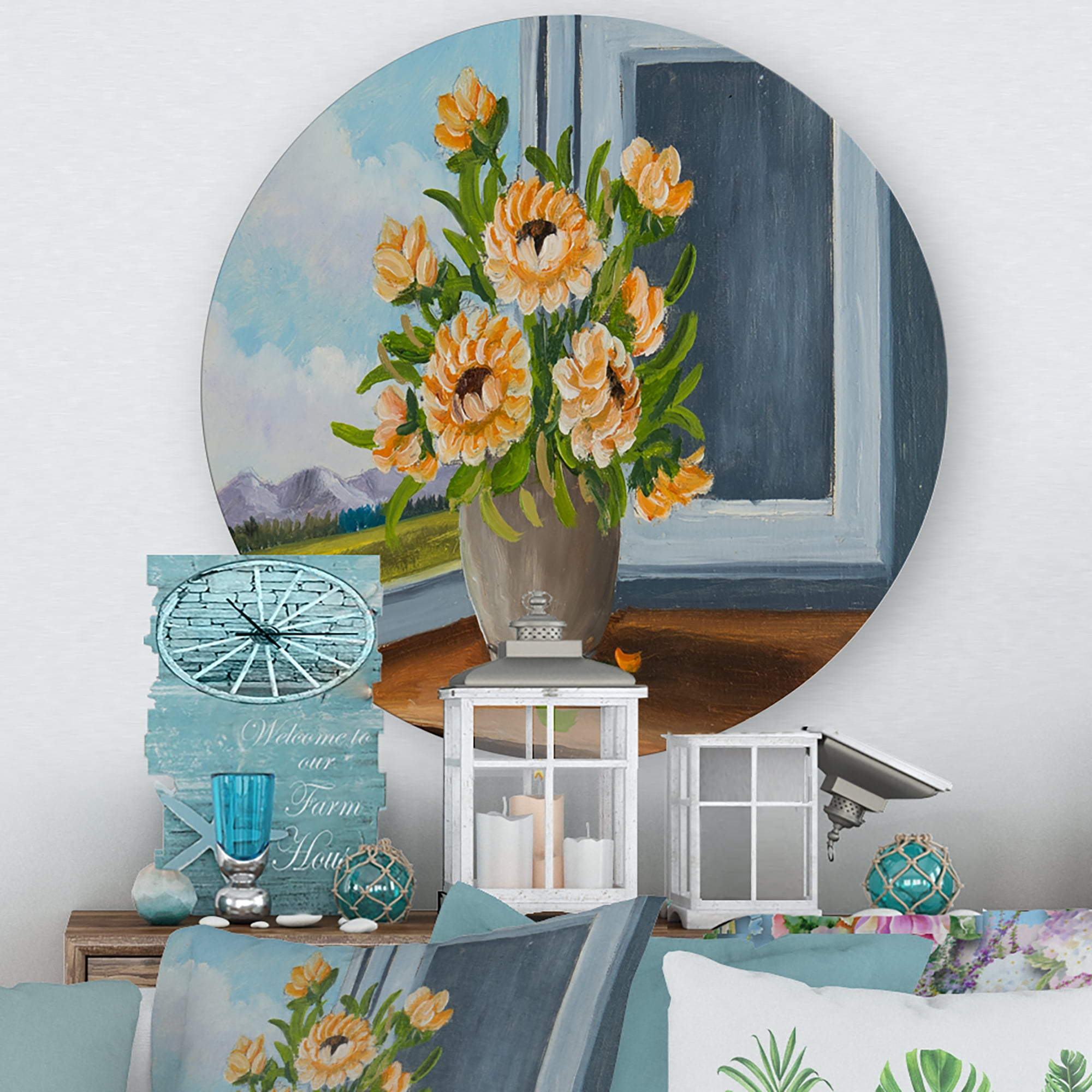 Designart 'Still Life With Orange Flowers In Vase At The Window' Traditional Circle Metal Wall Art 11x11 - Disc of 11