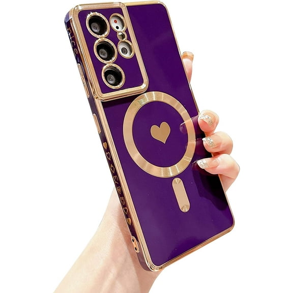 Magnetic Phone Case for Samsung Galaxy S21 Ultra 5g [Compatible with MagSafe] Luxury Plating Cute Love Heart Soft Silicone Protective Shockproof Cover for Galaxy S21 Ultra 6.8” (Purple)