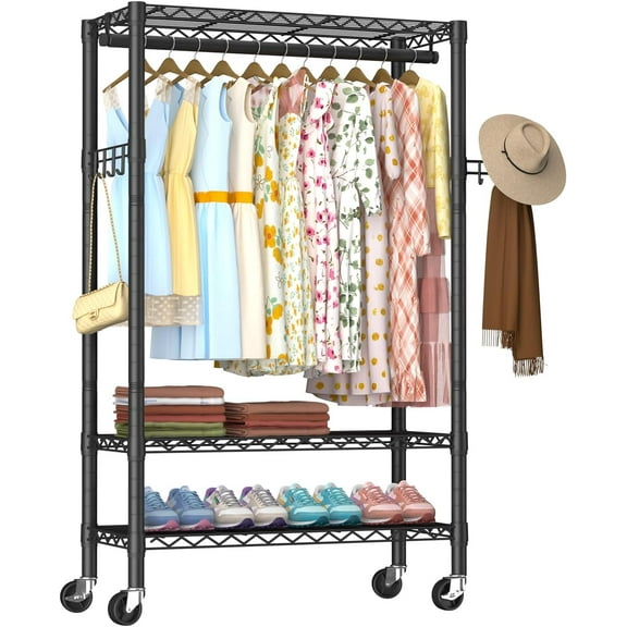 Heavy Duty Clothes Rack Rolling Garment Rack 3 Tier Adjustable Wire Shelving Clothing Racks Hanging Clothes Hanger Rod&Side Hooks Freestanding Wardrobe Storage Rack Metal Portable