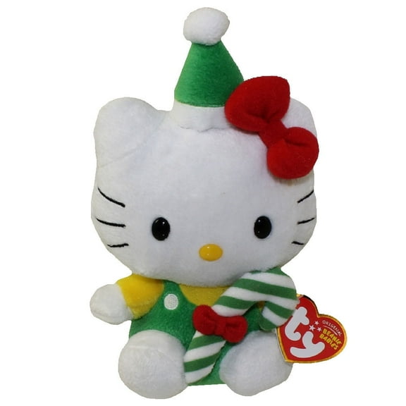 TY Beanie Babies - HELLO KITTY ELF ( GREEN CANDY CANE) (6" Plush)(BONUS 1 FUN CHOPS & 1 ZIPPER BRACELET)