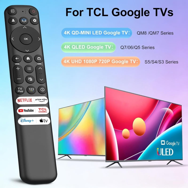 Replacement for TCL Google TV Remote Control, RC813 Compatible with TCL QM8 / QM7 / S5 / S4 / S3 / Q7 / Q6 / Q5 4K UHD HDR LED QLED QD-Mini LED Full-HD Smart TVs (No Voice Function)