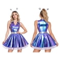 thumbnail image 2 of iiniim Women Alien Cosplay Lapel V Neck Sleeveless A-line Hem Tulle Layers Metallic Dress with Hair Hoop for Role-playing Theme Party Stage Dance Blue 3XL, 2 of 7