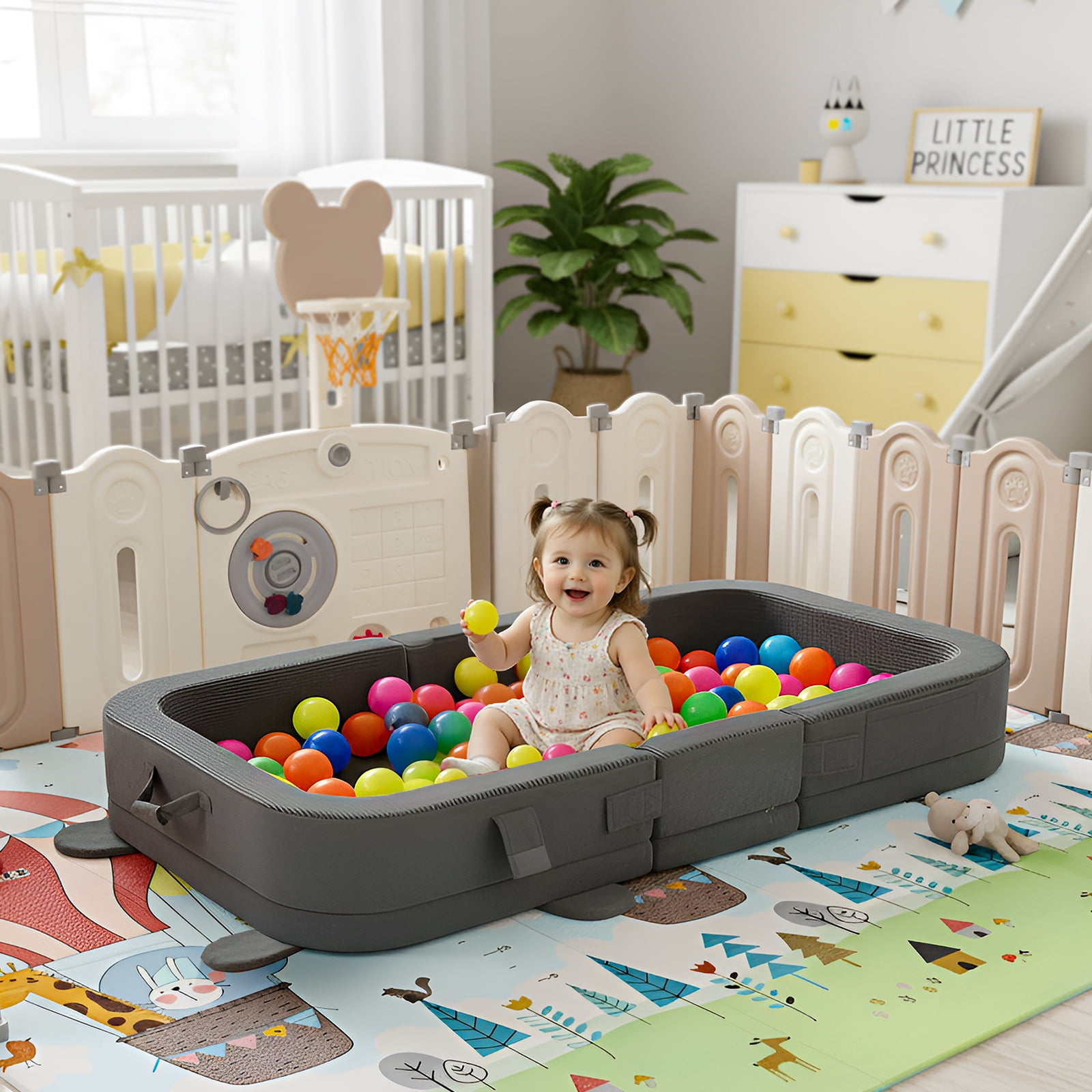 LIFERUN Foldable Toddler Travel Bed, Portable Toddler Floor Bed for Baby and Kids Aged 1-4, with Washable Cover, Safety Rail, for Home, Hotel, Camping