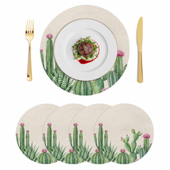 Green Cactus Tropical Round 13 Inch Placemats Set of 4, Summer Vintage Botanical HeatResistant Non Slip Place Mats for Dining Table, Wipeable Braided Kitchen Table Mats for Housewarming