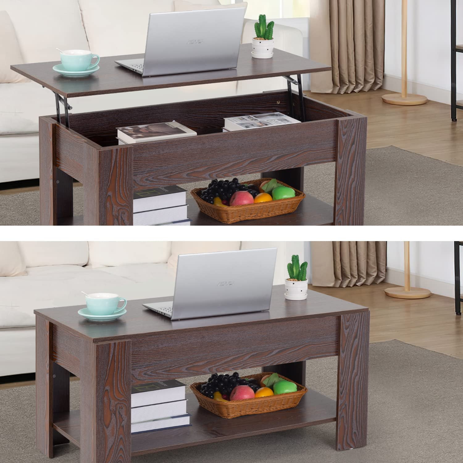 FDW Lift Top Wooden Coffee Table with Hidden Compartment, Espresso