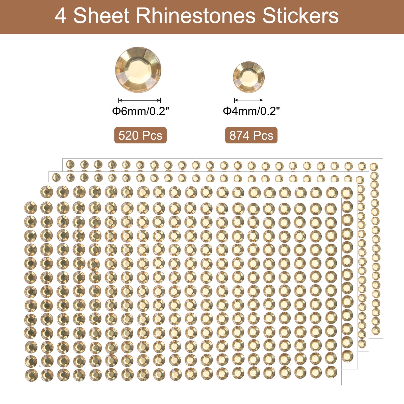 Unique Bargains 4 Sheet Self-Adhesive Rhinestone Stickers 1394Pcs 4mm/6mm Light Orange