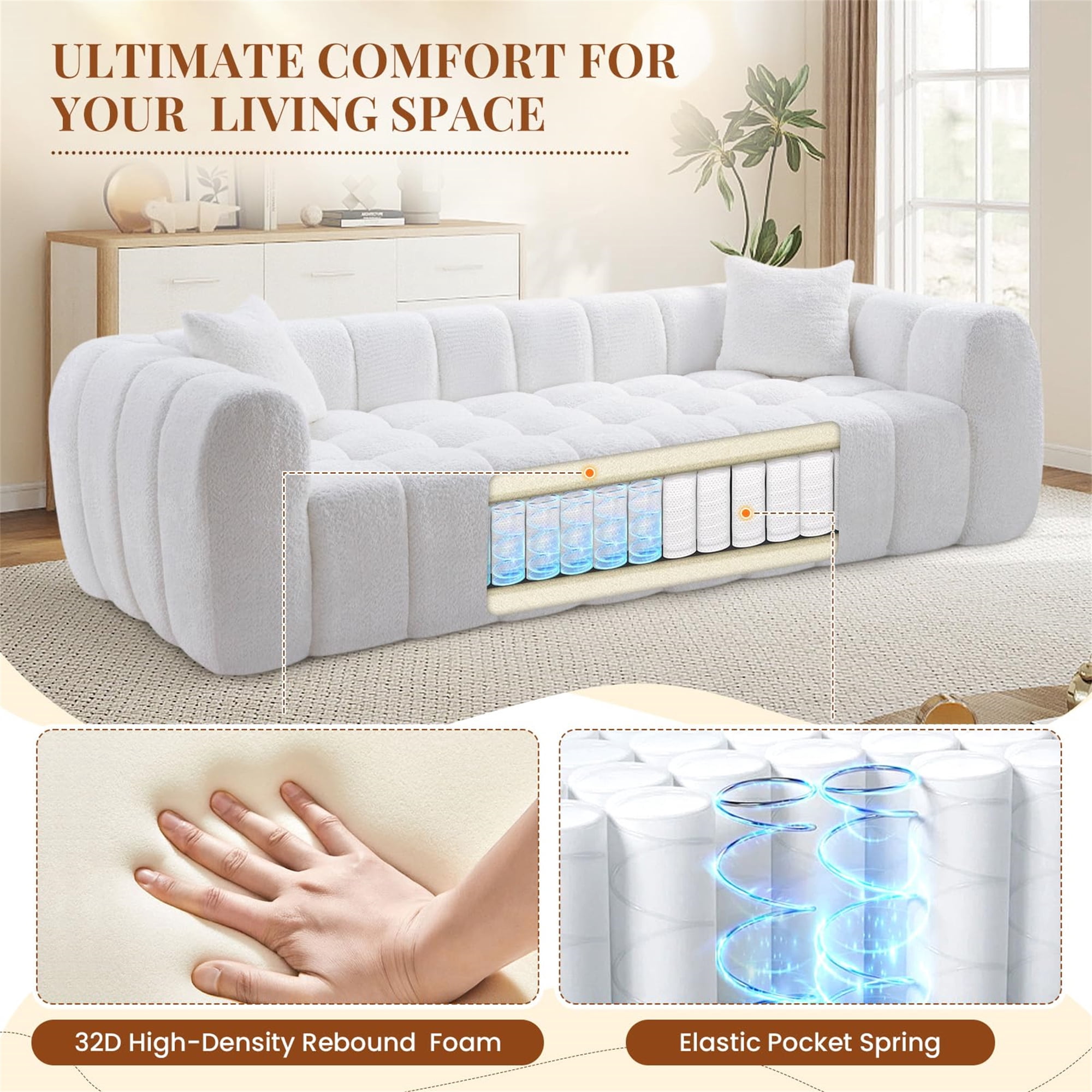Aukfa 103" Oversized Boucle Cloud Sofa Deep Seat Boneless Couch with Square Tufted for Living Room, 2Pillows, Cream