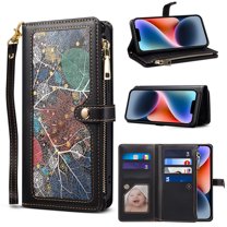 Dteck Case For iPhone 14 Pro Max,Shockproof Retro Wallet Shoulder Strap Card Slot Stand Full Cover Phone Protector,Black