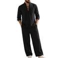 thumbnail image 5 of Migroa Mens 2 Pieces Cotton Linen Set Long Sleeve Shirts Casual Drawstring Yoga Pants Loose Fit Straight Legs Beach Trousers Summer Beach Wedding Outfits Black L, 5 of 8