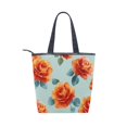 thumbnail image 2 of Zipper canvas bag large capacity large size practical handbag durable Canvas with leather material Yellow-orange Roses Pattern, 2 of 7