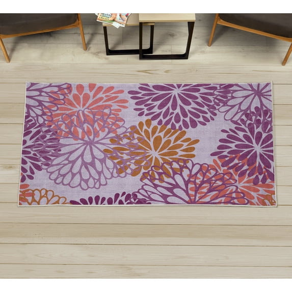 Flower Decorative Rug, Modern Dahlia Inspired Petals Blossom Abstract Garden Artwork Design Print, Quality Carpet for Bedroom Dorm and Living Room, 6 Sizes, Purple Orange Pink, by Ambesonne
