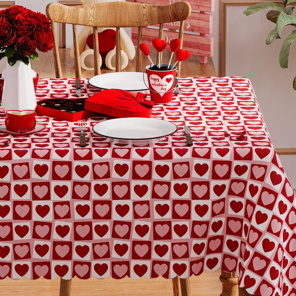 YIBAGA Valentines Day Tablecloth, Valentines Table Cover, Lovely Pink Red Hearts Waterproof Dining Decorations, 60 x 84 inch, Polyester