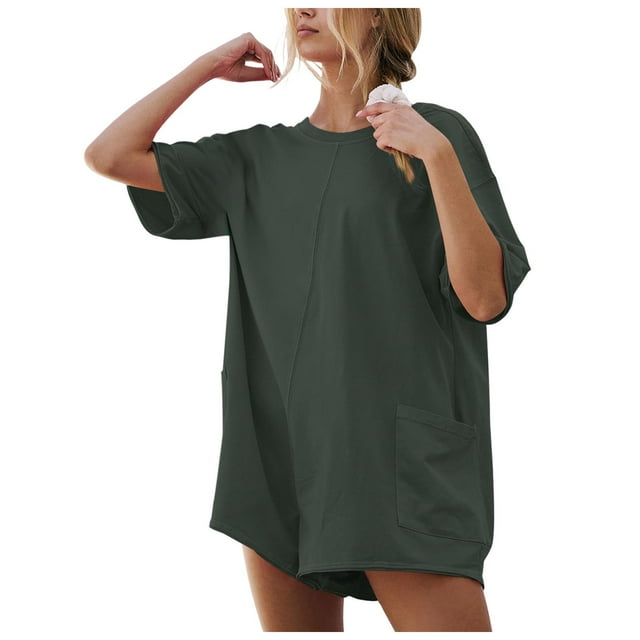 Women Summer Casual Rompers Short Sleeve Backless Loose Athletic Beach Shorts Jumpsuit