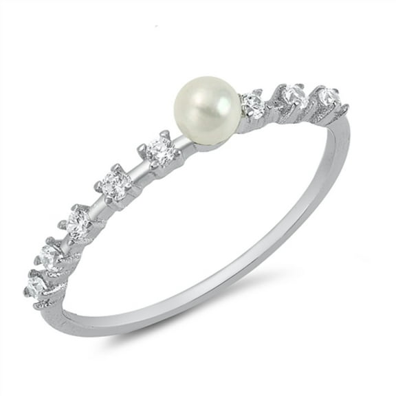 Simulated Pearl Clear CZ Fancy Thin Ring Sterling Silver Size 7