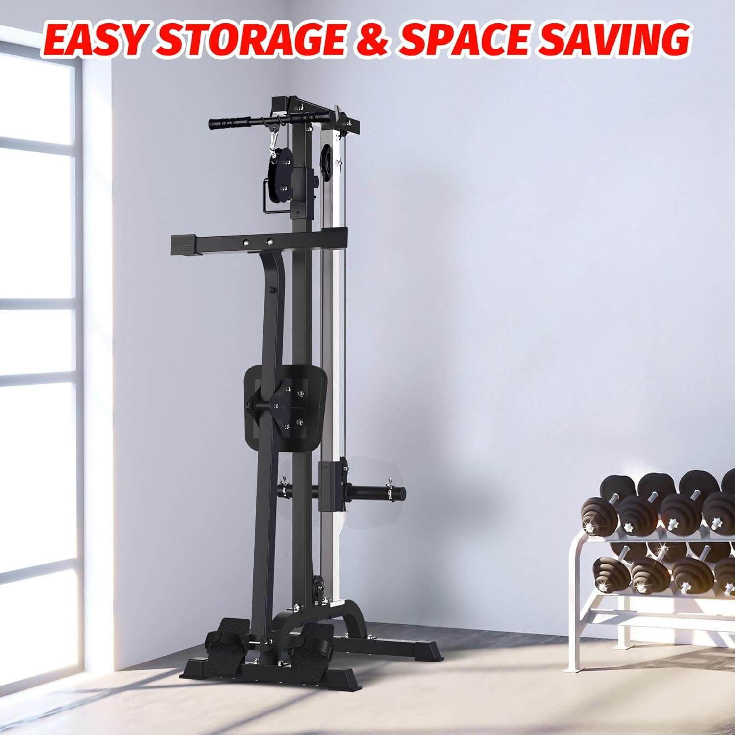 GARVEE 2 in 1 Cable Crossover Machine & Lat Pull Down Machine with Adjustable Weight and Seat,Multi-Function Compact Rowing Machines for Home Gym,Black