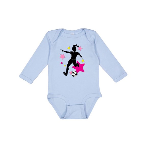 Inktastic Girl Playing Soccer- Pink and Yellow Stars Girls Long Sleeve Baby Bodysuit