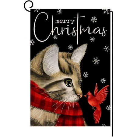 Christmas Cat Garden FlagVertical Double Sided Merry Christmas Cardinal Bird Farmhouse Winter Holiday Outside Decorations Black Yard Flag