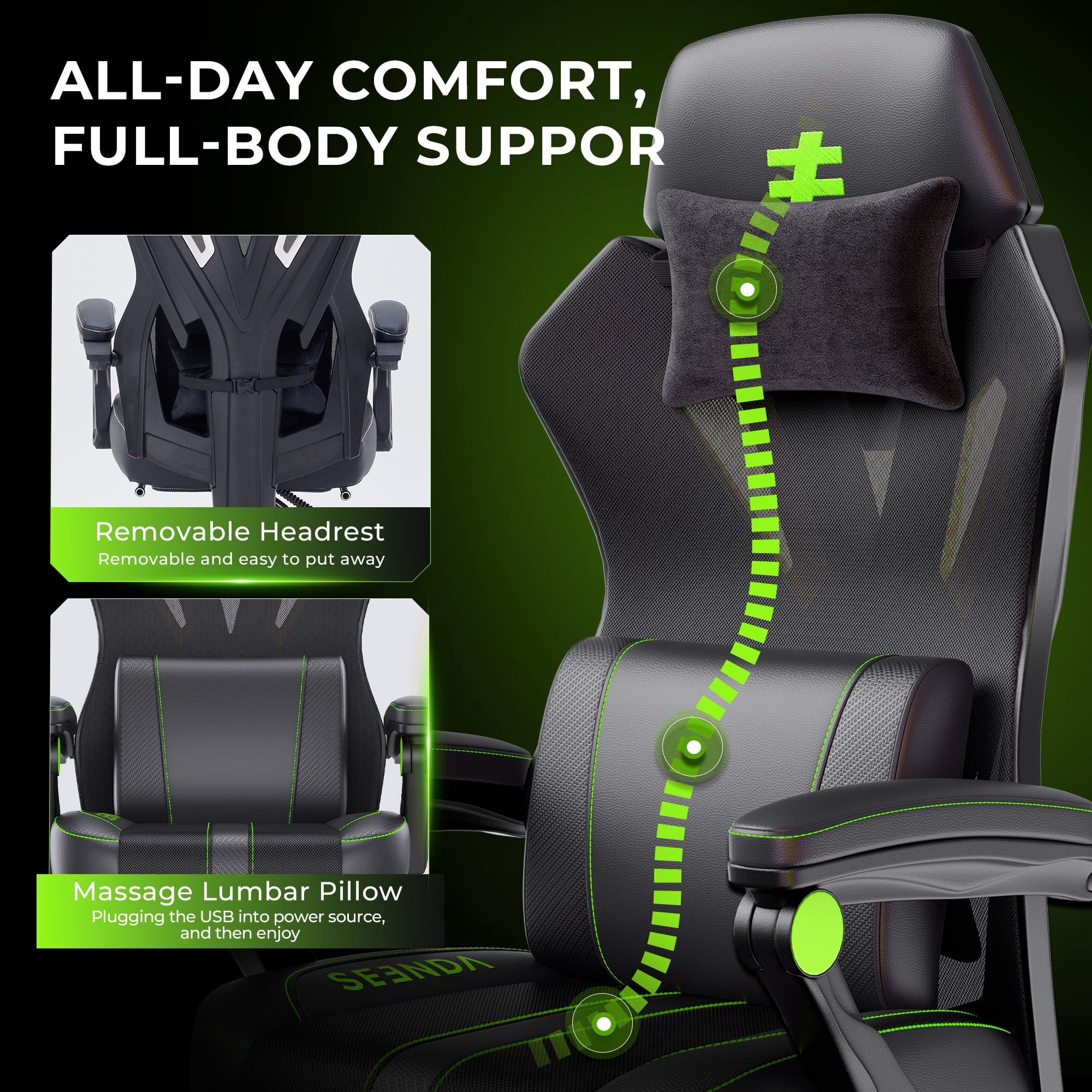 Seenda Massage Gaming Chair, Computer Chair with Mesh Back, Ergonomic Office Chair with Footrest, Reclining Game Chair with Adjustable Headrest and Lumbar Support for Gaming and Office