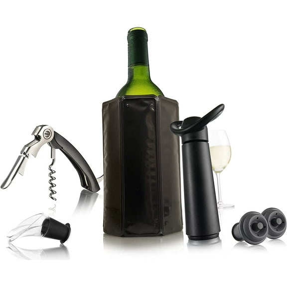 Vacu Vin Wine Essentials Gift Set in Black - Wine Saver Pump, 2 x Vacuum Bottle Stoppers, Wine Cooler, Waiter's CorkScrew, Wine Server Crystal