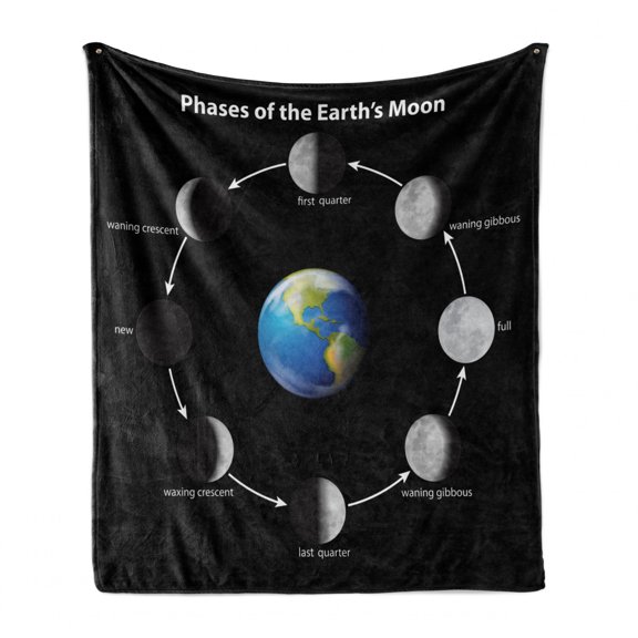 Moon Phase Soft Flannel Fleece Throw Blanket, Infographic Celestial Movements Around Earth, Cozy Plush for Indoor and Outdoor Use, 60" x 80", Charcoal Grey Sky Blue, by Ambesonne